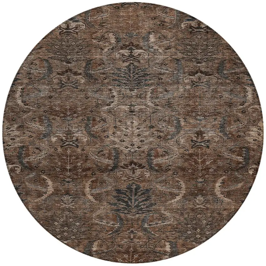 8' Brown Tan And Charcoal Round Damask Washable Indoor Outdoor Area Rug Photo 6
