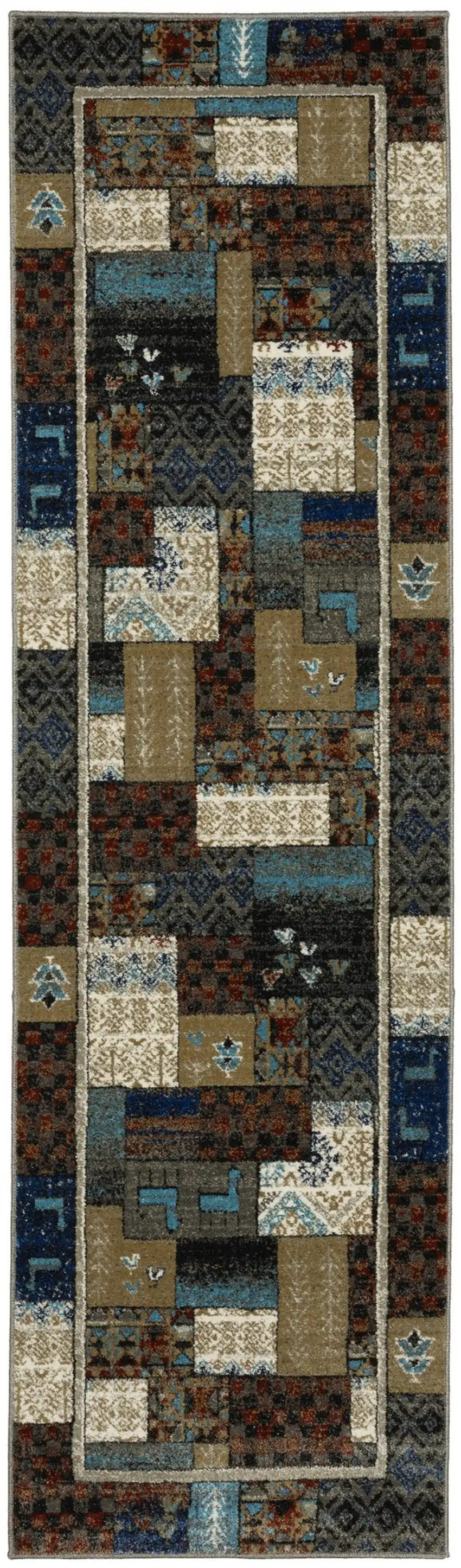 8' Brown Tan And Dark Blue Patchwork Runner Rug Photo 2
