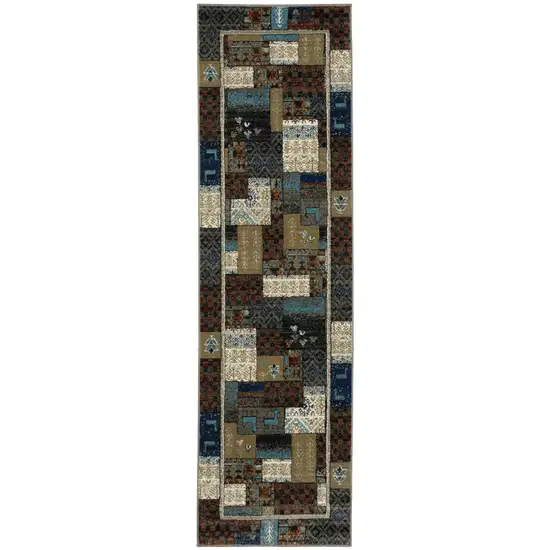 8' Brown Tan And Dark Blue Patchwork Runner Rug Photo 2