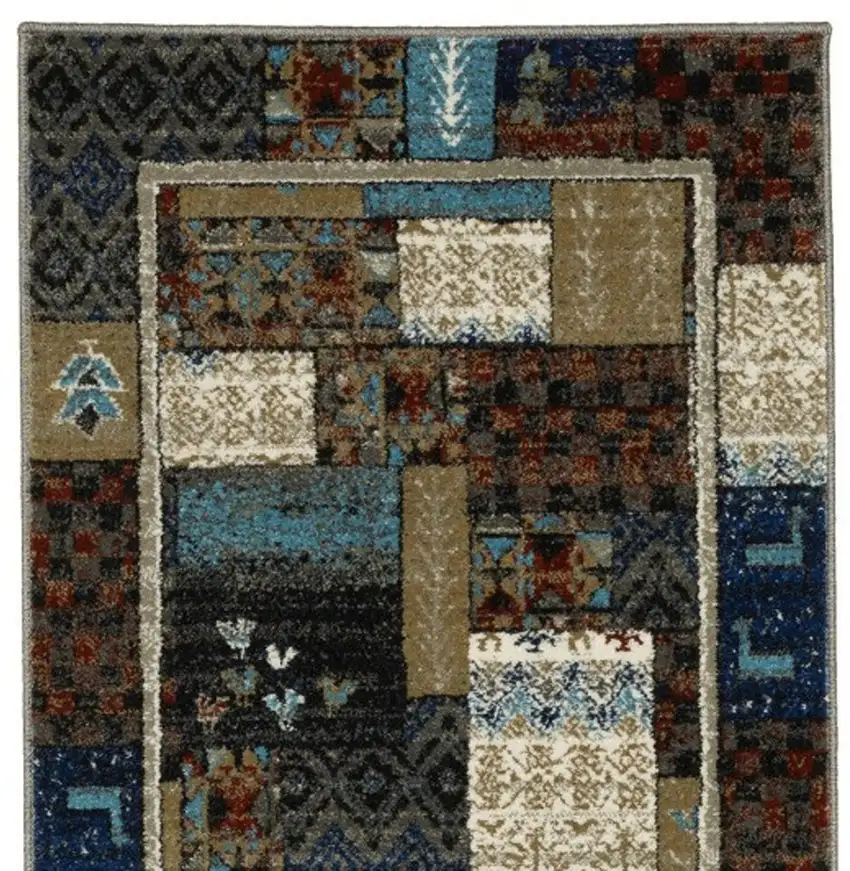 8' Brown Tan And Dark Blue Patchwork Runner Rug Photo 8