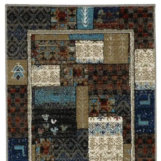8' Brown Tan And Dark Blue Patchwork Runner Rug Photo 8