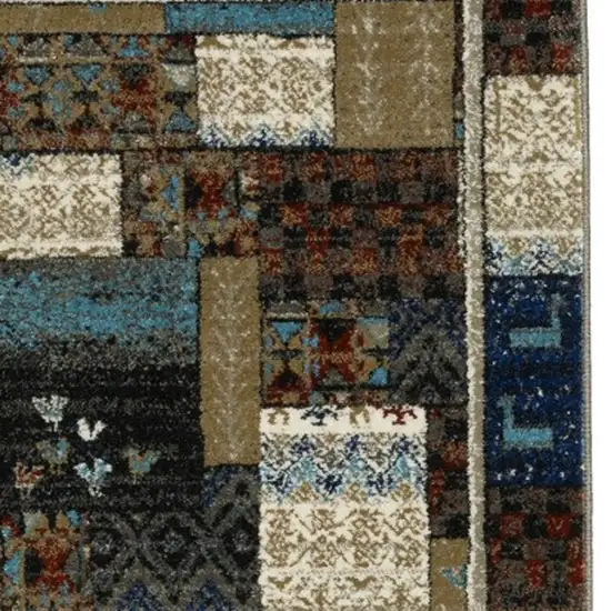 8' Brown Tan And Dark Blue Patchwork Runner Rug Photo 6