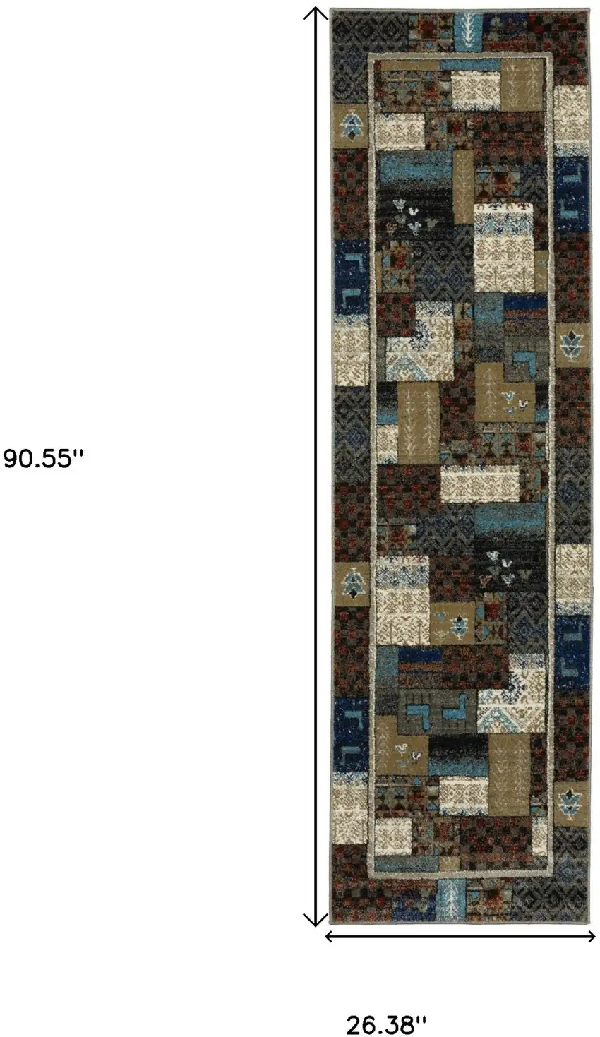 8' Brown Tan And Dark Blue Patchwork Runner Rug Photo 3