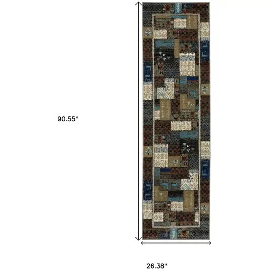8' Brown Tan And Dark Blue Patchwork Runner Rug Photo 3