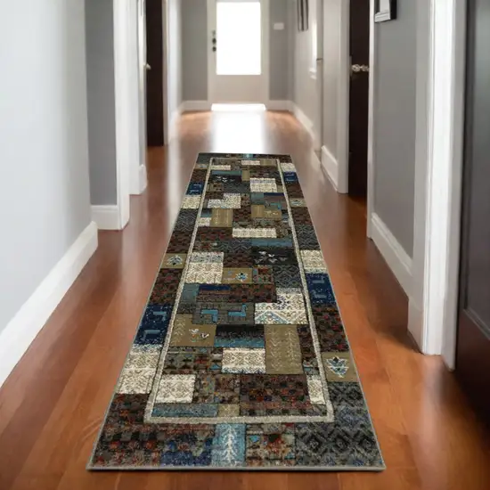 8' Brown Tan And Dark Blue Patchwork Runner Rug Photo 1