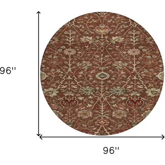 8' Brown Tan And Red Round Floral Washable Indoor Outdoor Area Rug Photo 8