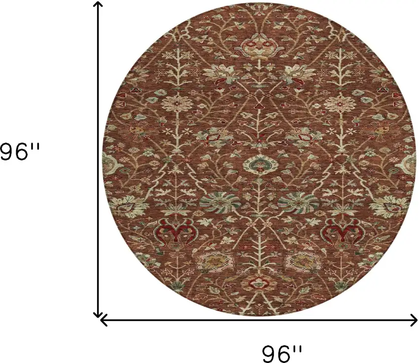 8' Brown Tan And Red Round Floral Washable Indoor Outdoor Area Rug Photo 8