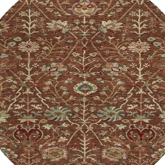 8' Brown Tan And Red Round Floral Washable Indoor Outdoor Area Rug Photo 6