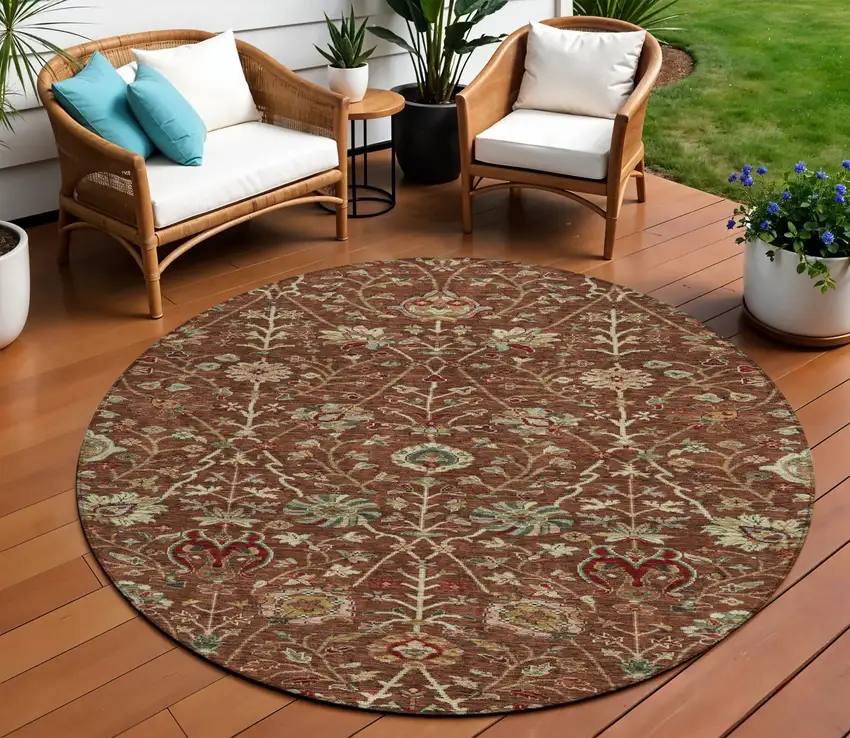 8' Brown Tan And Red Round Floral Washable Indoor Outdoor Area Rug Photo 1