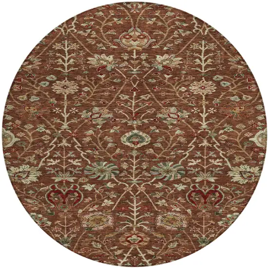 8' Brown Tan And Red Round Floral Washable Indoor Outdoor Area Rug Photo 2