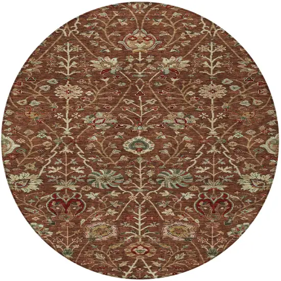 8' Brown Tan And Red Round Floral Washable Indoor Outdoor Area Rug Photo 7