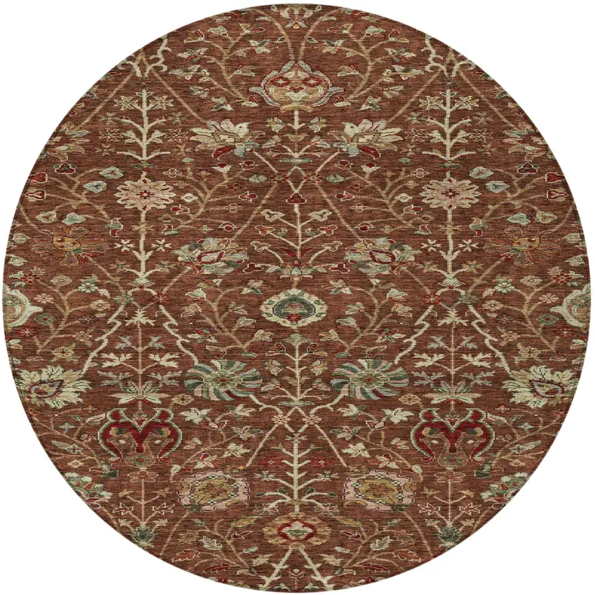 8' Brown Tan And Red Round Floral Washable Indoor Outdoor Area Rug Photo 7