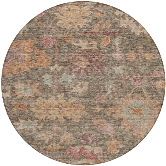 8' Brown Tan And Terra Cotta Round Floral Washable Indoor Outdoor Area Rug Photo 2