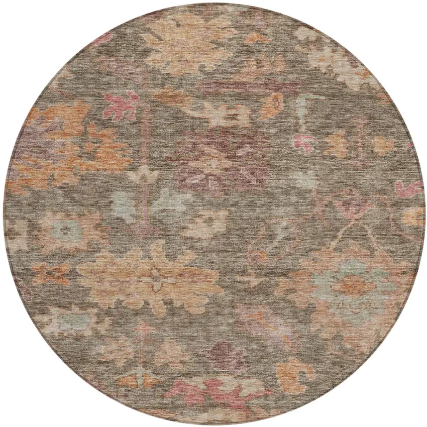 8' Brown Tan And Terra Cotta Round Floral Washable Indoor Outdoor Area Rug Photo 2