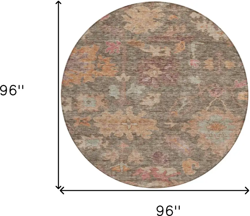 8' Brown Tan And Terra Cotta Round Floral Washable Indoor Outdoor Area Rug Photo 8