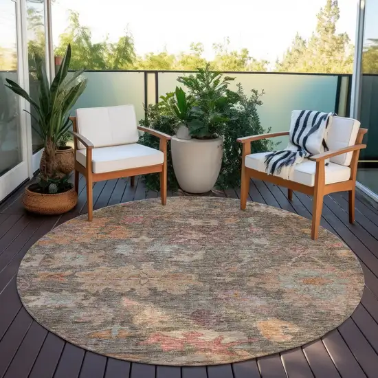 8' Brown Tan And Terra Cotta Round Floral Washable Indoor Outdoor Area Rug Photo 6