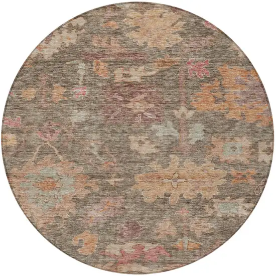 8' Brown Tan And Terra Cotta Round Floral Washable Indoor Outdoor Area Rug Photo 5