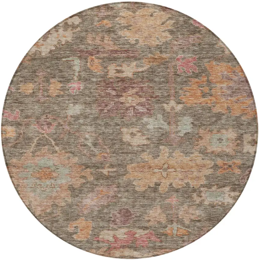 8' Brown Tan And Terra Cotta Round Floral Washable Indoor Outdoor Area Rug Photo 5