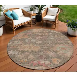 Photo of 8' Brown Tan And Terra Cotta Round Floral Washable Indoor Outdoor Area Rug