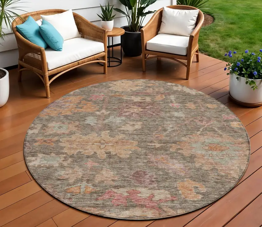 8' Brown Tan And Terra Cotta Round Floral Washable Indoor Outdoor Area Rug Photo 1