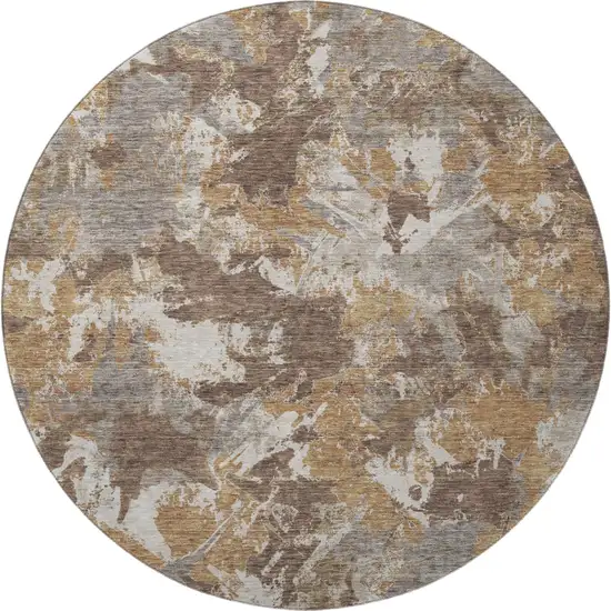 8' Brown Taupe And Beige Floral Washable Round Rug With UV Protection Photo 4