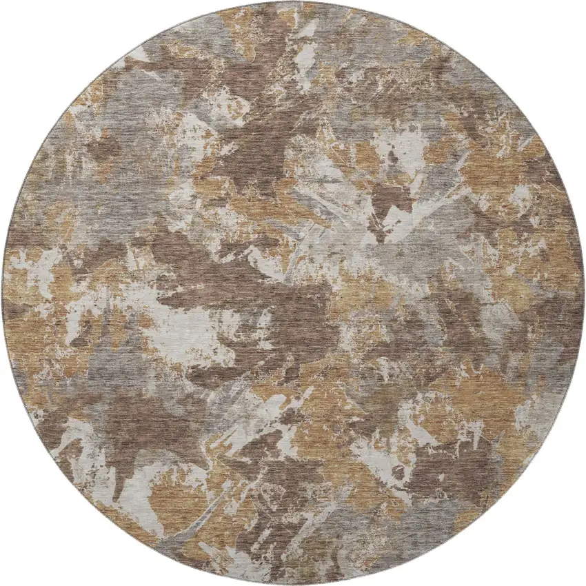 8' Brown Taupe And Beige Floral Washable Round Rug With UV Protection Photo 4