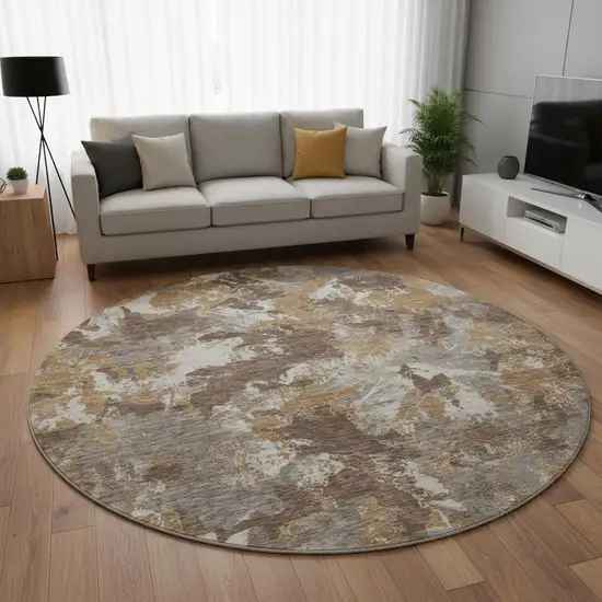 8' Brown Taupe And Beige Floral Washable Round Rug With UV Protection Photo 2