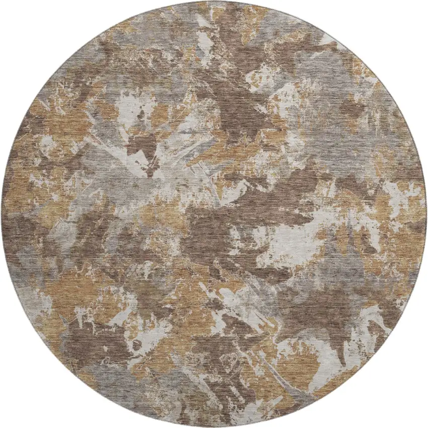 8' Brown Taupe And Beige Floral Washable Round Rug With UV Protection Photo 1
