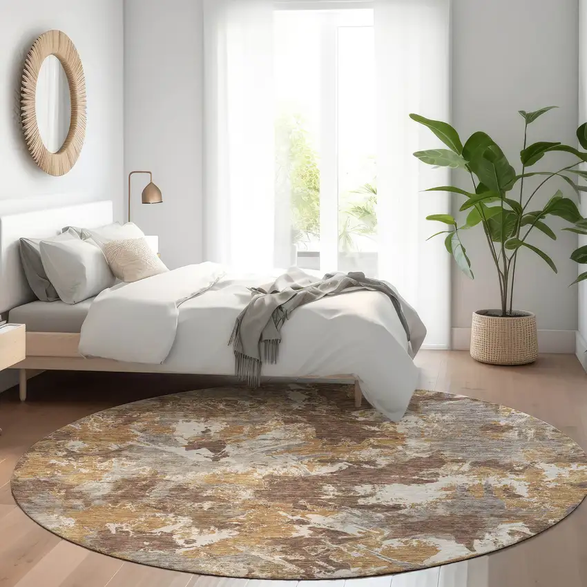 8' Brown Taupe And Beige Floral Washable Round Rug With UV Protection Photo 5