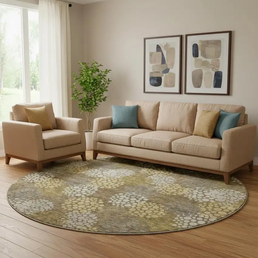 8' Brown Taupe And Beige Polka Dot Washable Round Rug With UV Protection Photo 1