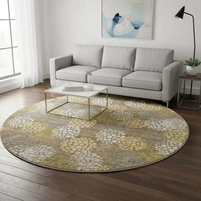 8' Brown Taupe And Beige Polka Dot Washable Round Rug With UV Protection Photo 2