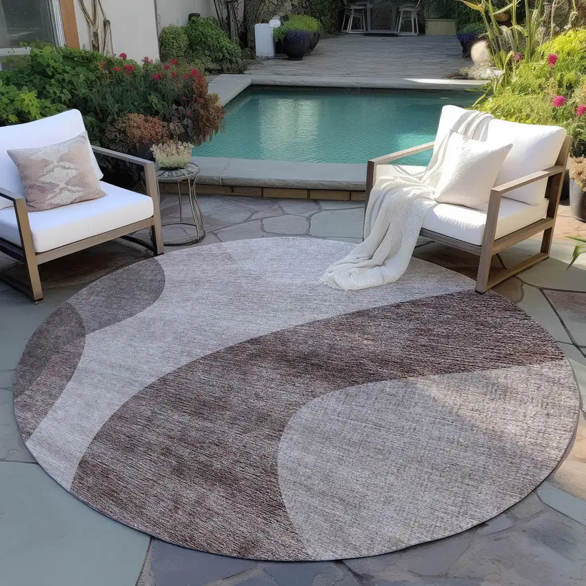 8' Brown Taupe And Beige Round Abstract Washable Indoor Outdoor Area Rug Photo 6