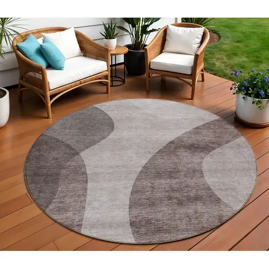 8' Brown Taupe And Beige Round Abstract Washable Indoor Outdoor Area Rug Photo 1