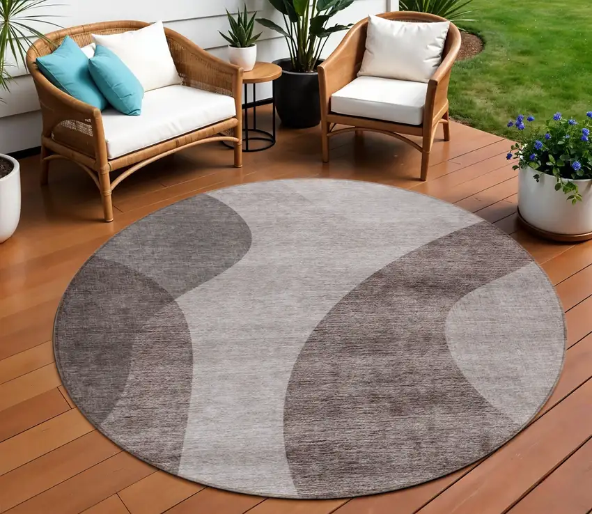 8' Brown Taupe And Beige Round Abstract Washable Indoor Outdoor Area Rug Photo 1