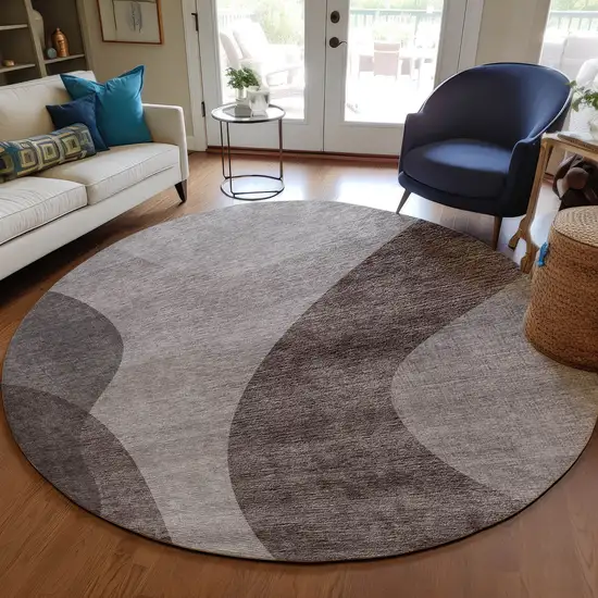 8' Brown Taupe And Beige Round Abstract Washable Indoor Outdoor Area Rug Photo 7