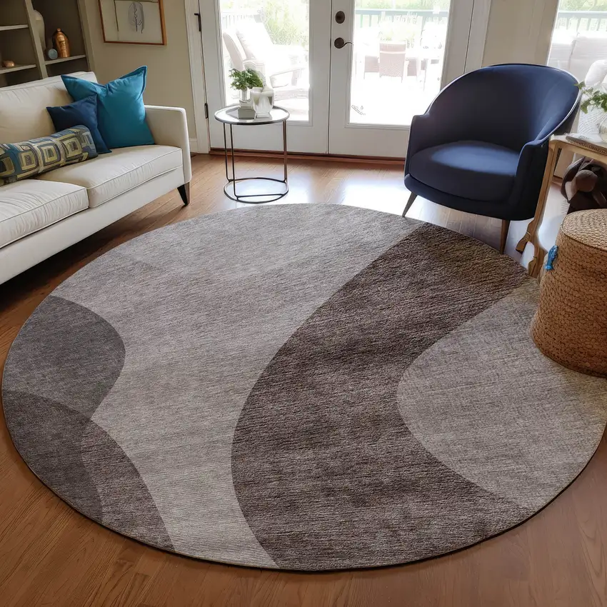 8' Brown Taupe And Beige Round Abstract Washable Indoor Outdoor Area Rug Photo 7