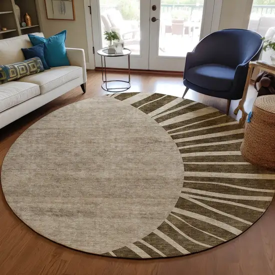 8' Brown Taupe And Beige Round Abstract Washable Indoor Outdoor Area Rug Photo 7
