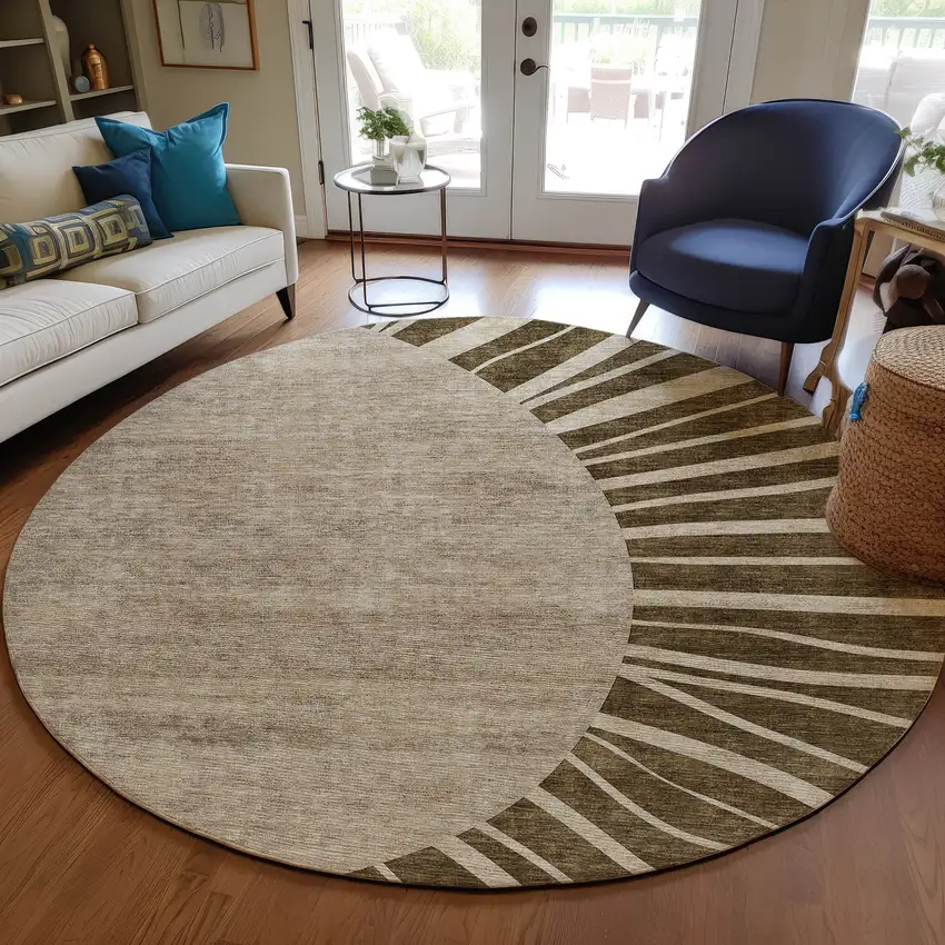 8' Brown Taupe And Beige Round Abstract Washable Indoor Outdoor Area Rug Photo 7