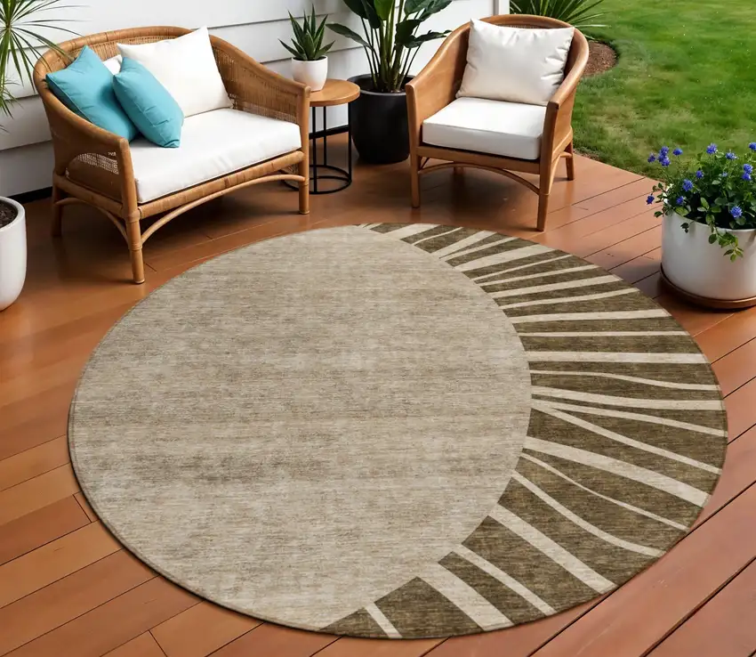 8' Brown Taupe And Beige Round Abstract Washable Indoor Outdoor Area Rug Photo 1