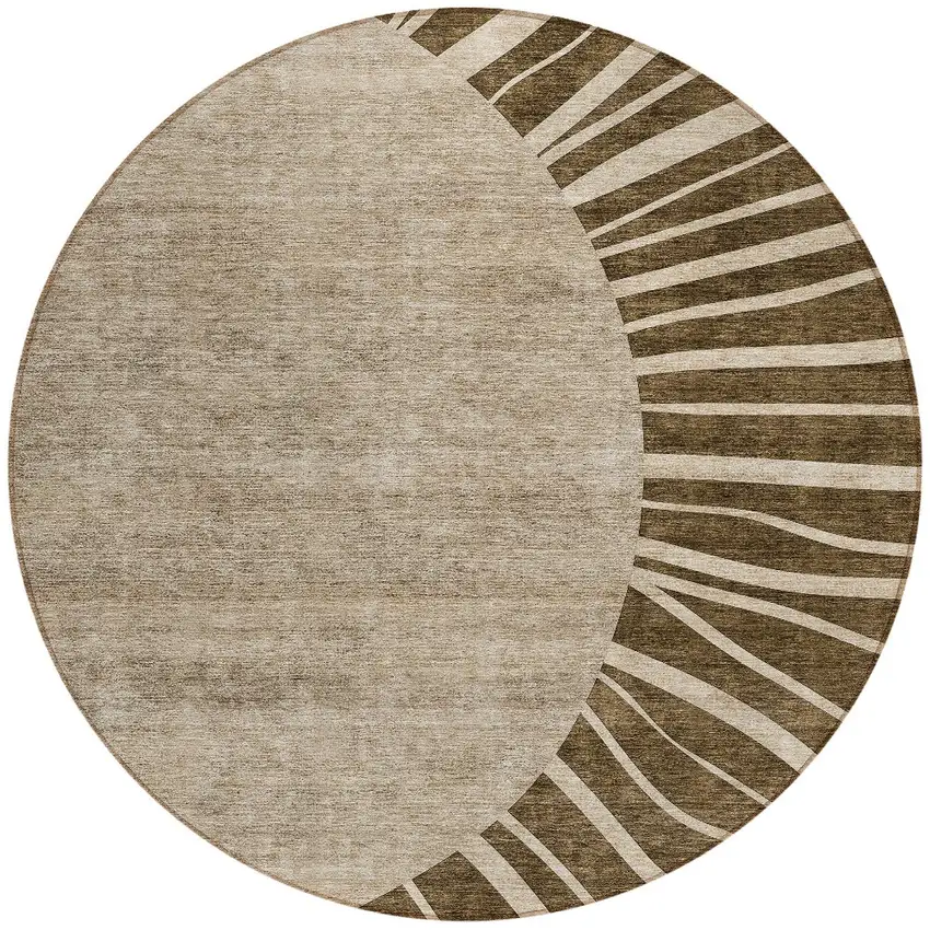 8' Brown Taupe And Beige Round Abstract Washable Indoor Outdoor Area Rug Photo 4