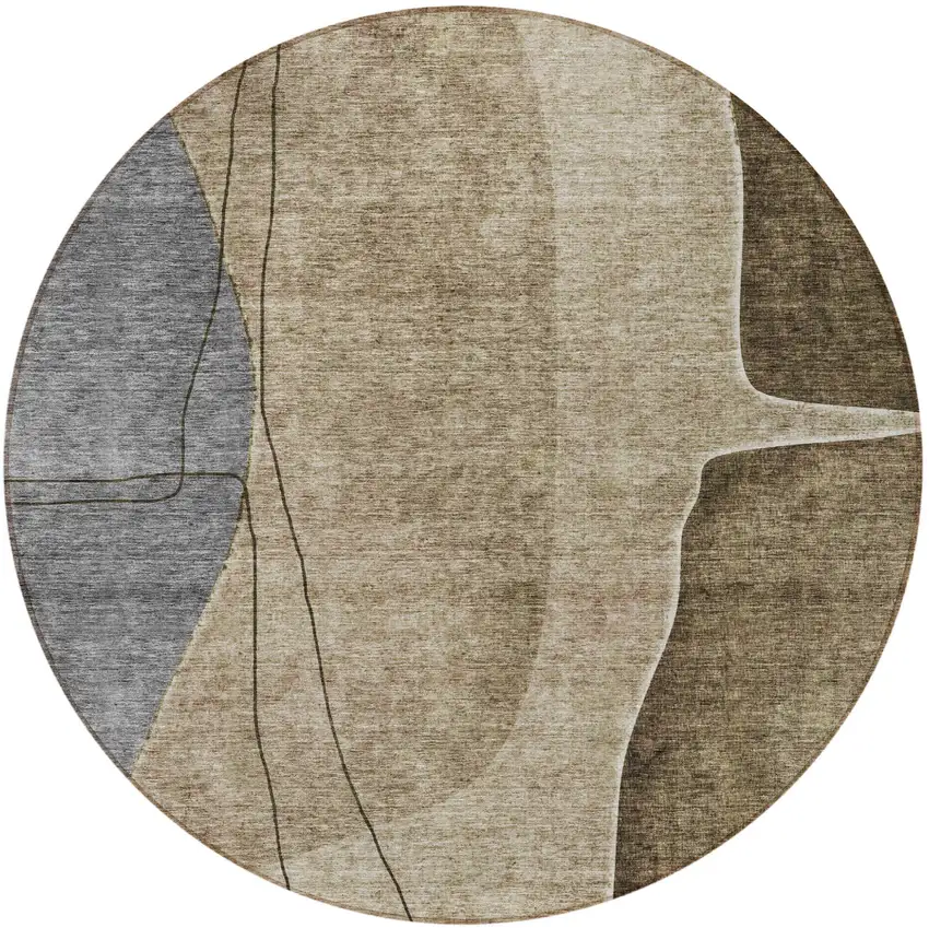 8' Brown Taupe And Beige Round Abstract Washable Indoor Outdoor Area Rug Photo 5