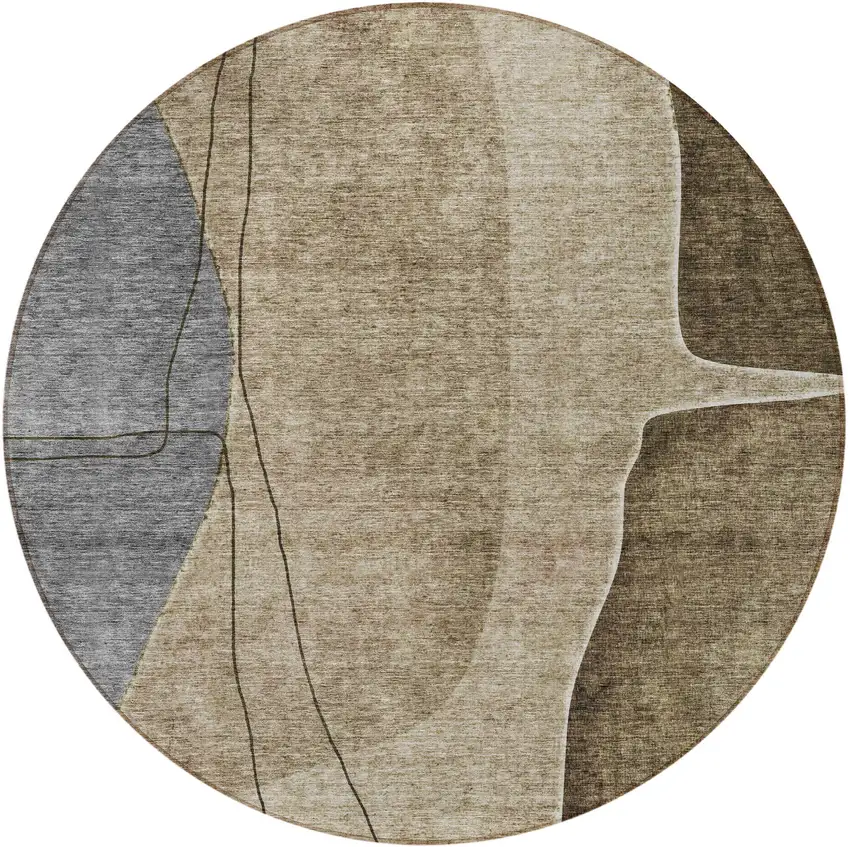 8' Brown Taupe And Beige Round Abstract Washable Indoor Outdoor Area Rug Photo 5