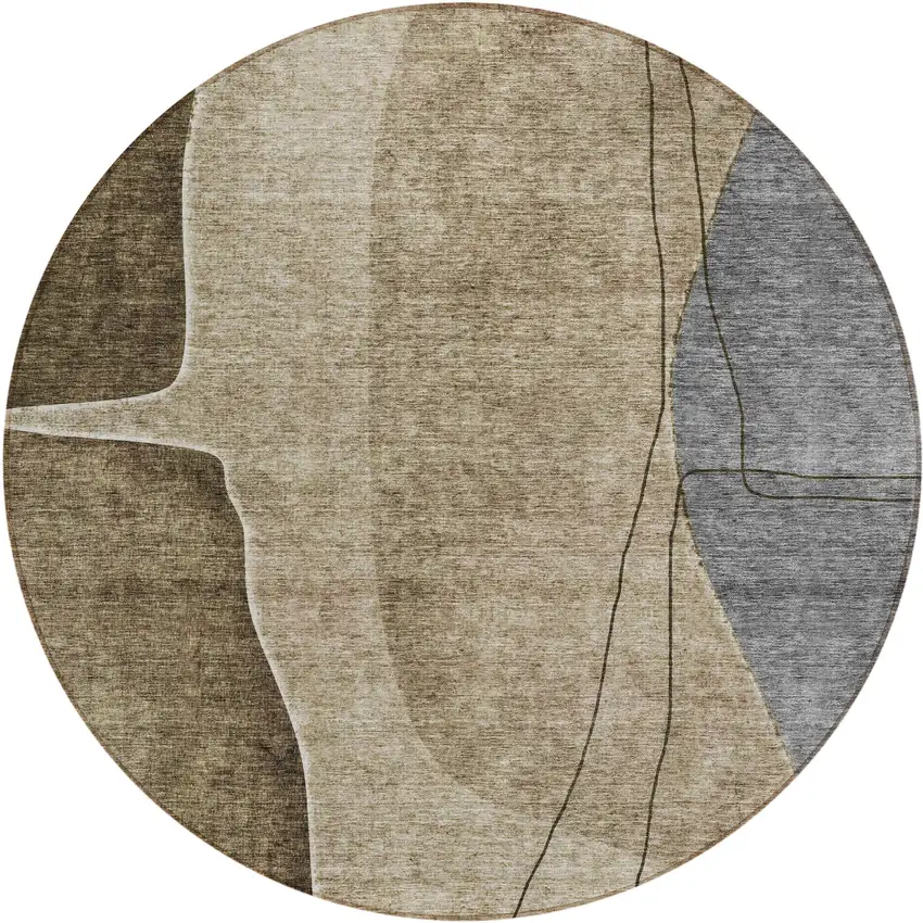 8' Brown Taupe And Beige Round Abstract Washable Indoor Outdoor Area Rug Photo 2