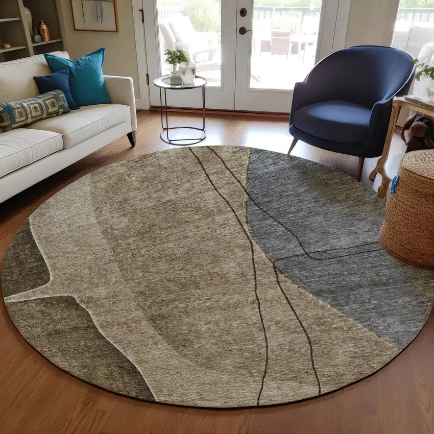 8' Brown Taupe And Beige Round Abstract Washable Indoor Outdoor Area Rug Photo 7