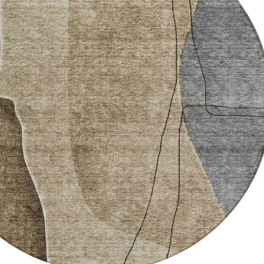 8' Brown Taupe And Beige Round Abstract Washable Indoor Outdoor Area Rug Photo 4