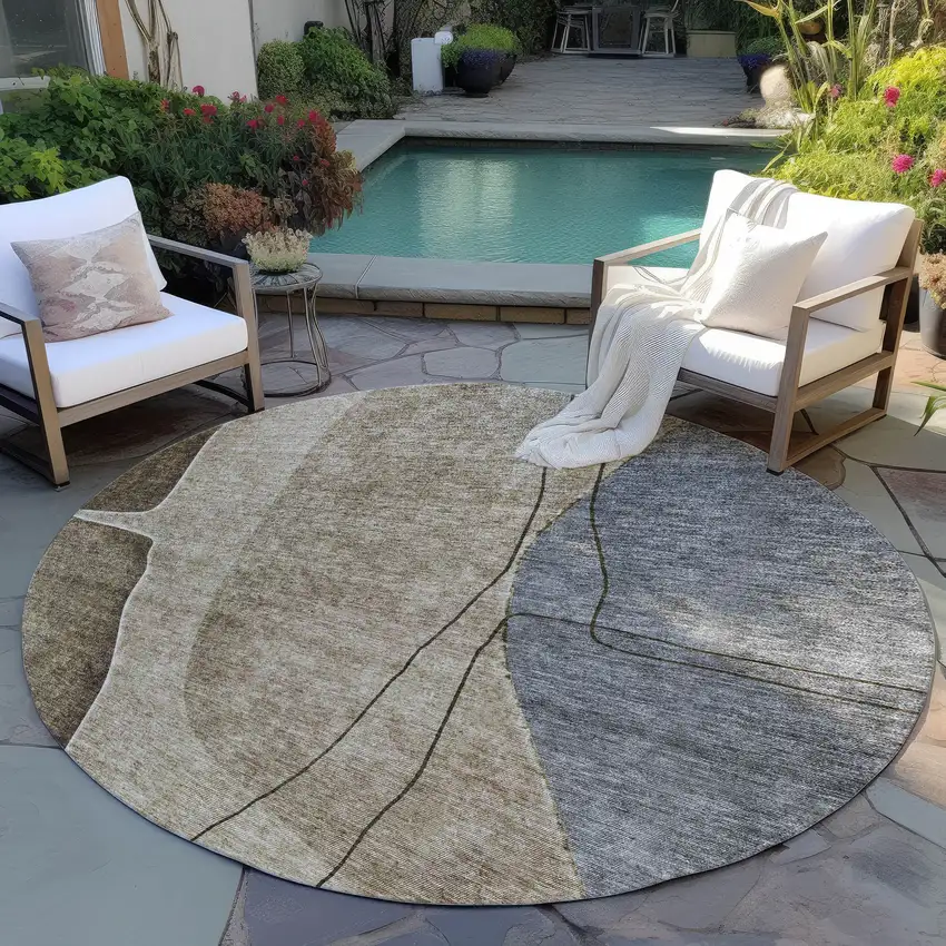 8' Brown Taupe And Beige Round Abstract Washable Indoor Outdoor Area Rug Photo 6