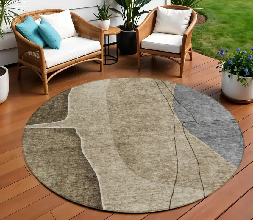 8' Brown Taupe And Beige Round Abstract Washable Indoor Outdoor Area Rug Photo 1