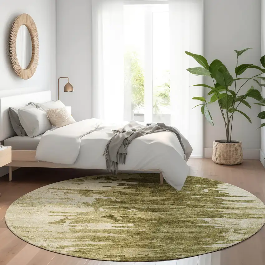 8' Brown Taupe And Beige Round Abstract Washable Indoor Outdoor Area Rug Photo 7