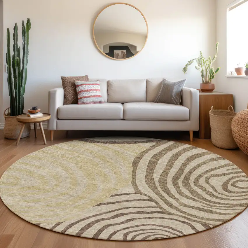 8' Brown Taupe And Beige Round Abstract Washable Indoor Outdoor Area Rug Photo 8