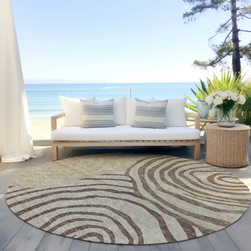 8' Brown Taupe And Beige Round Abstract Washable Indoor Outdoor Area Rug Photo 7